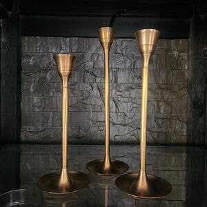 Set Of Three Brass Tulip Style Candlesticks